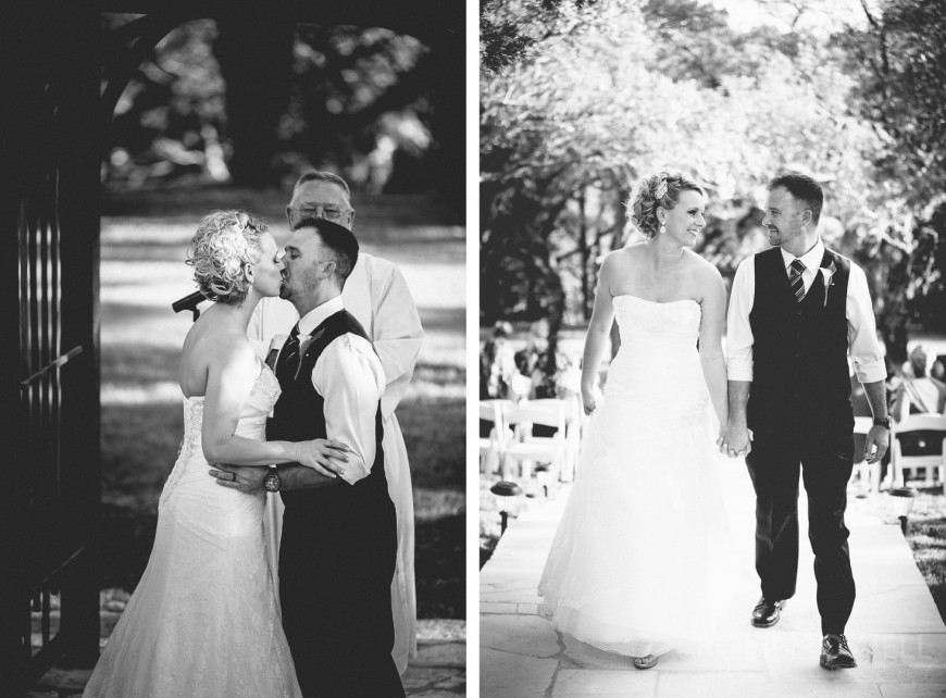 Black and white diptych photo of the end of the wedding ceremony