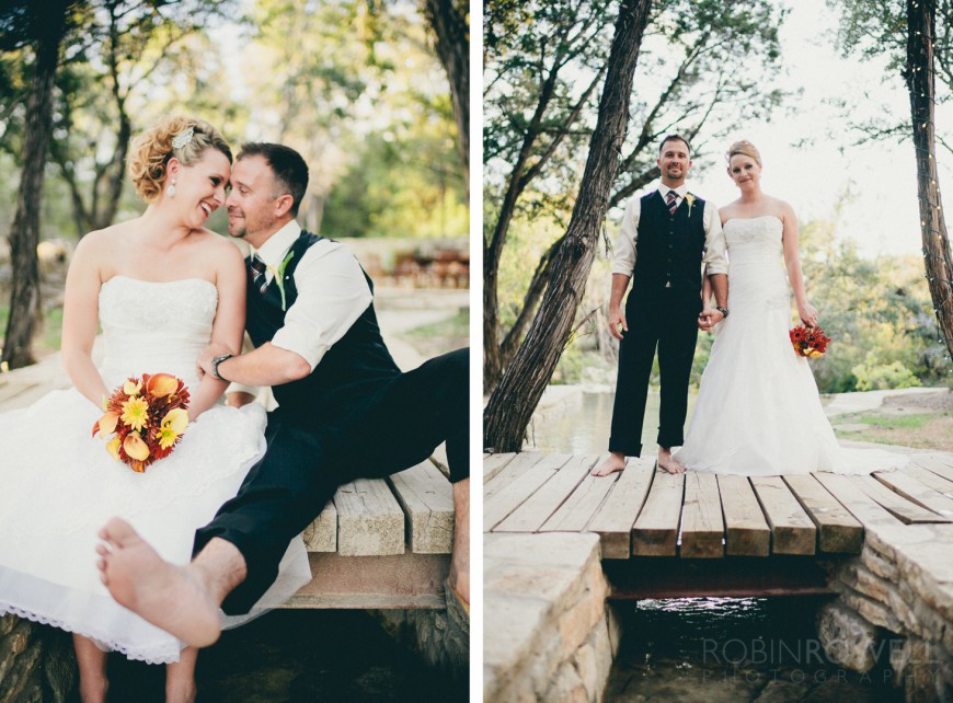 Posed shots of a barefoot bride and groom