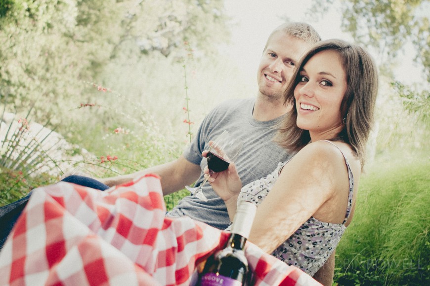 Aubrey and Boone share a glass of wine during a picnic in the park - engagment photo