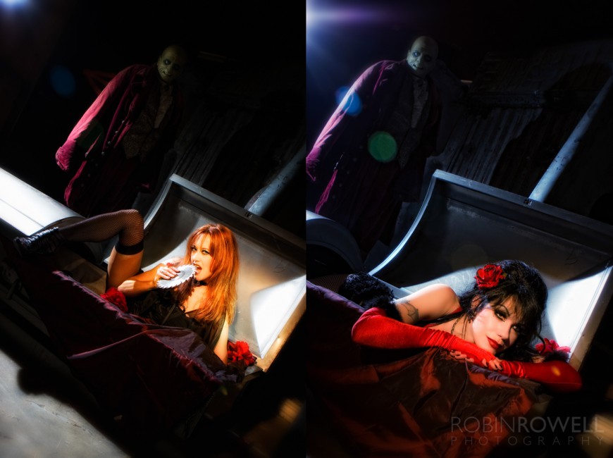 The wicked burlesque dance troop "Dolls from the Crypt" lay in coffins