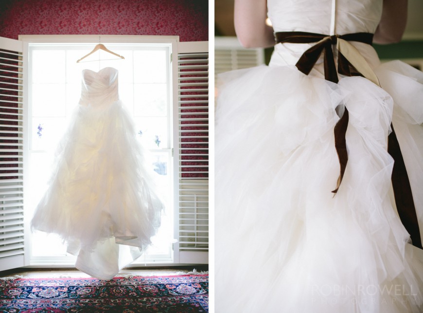 The bride's dress in the window and with the bow in detail