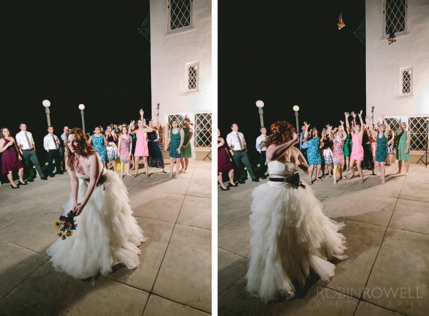 The tossing of the bouquet at Laguna Gloria - Austin, TX