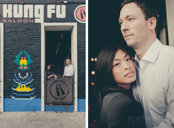 Marianne and Paul during their engagement photo session at "Kung Fu" in Austin, Texas