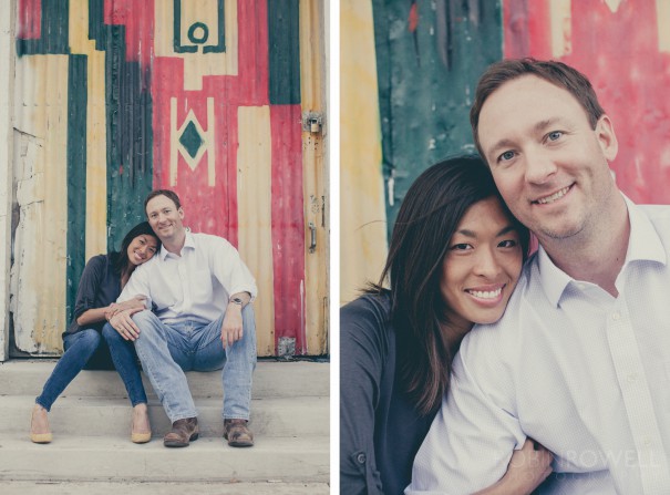 A colorful wall in east Austin makes for a great backdrop in this engagement photo with Marianne and Paul