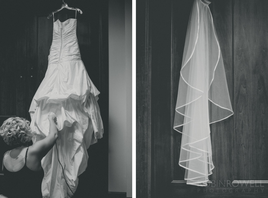 Black and white photo of the wedding dress and veil