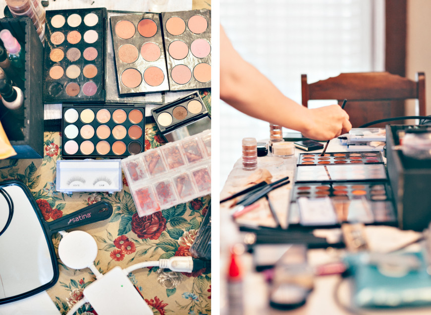 A makeup artists palette and other beauty items