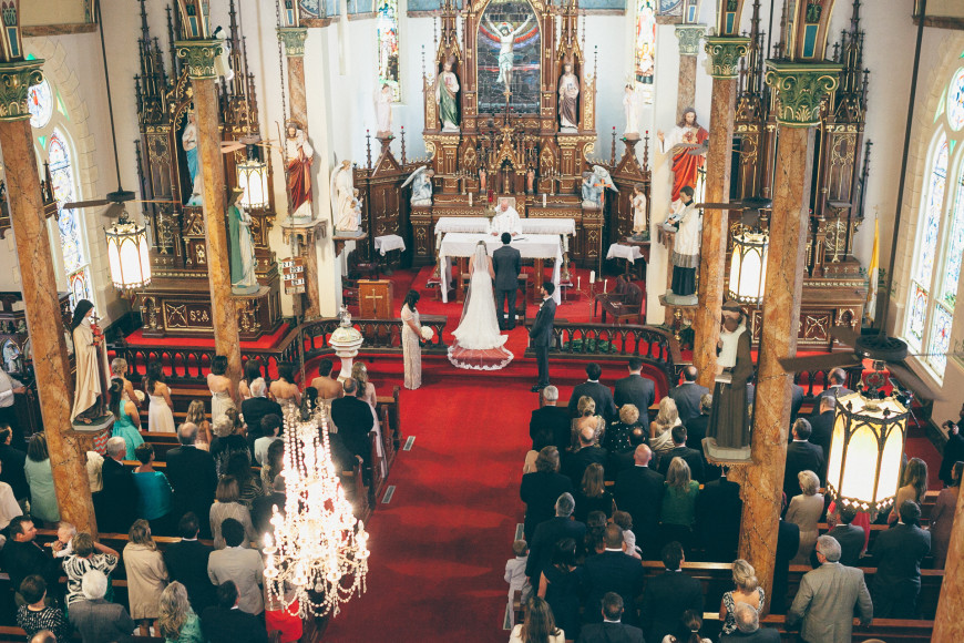 A look down on a wedding from above in St Marys Catholic Church High Hill